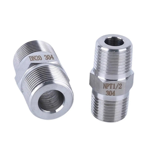 High Pressure Adapter Coupler 1/8 To 1 Inch NPT Male Thread Hex Nipple Union Stainless Steel 304, close-up view