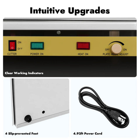 No Sweat 18 Inch Hand Wrapping Machine Heavy Duty Countertop Cling Film Packaging Sealer controls and power cord details