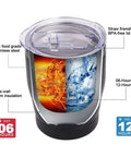 Built Tough 304 Stainless Steel Insulated Travel Mug with BPA-free lid, showing heat retention and cold insulation features.