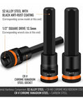 Solid Core S2 Steel 9 Piece Extended Hex Socket Bit Set For Impact Driver Fits Power Drill Rusted Bolts With Heavy Duty Grip And High Torque Performance For Serious DIY Jobs, 1/2" drive sockets