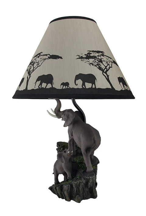 Epic Elephants Expedition Sculptural Table Lamp With Decorative Shade Hand Painted Resin Showpiece Lighting 18.5 Inch