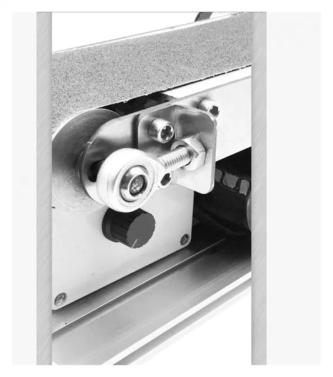 Close-up view of the motor and track of Top Rated Mini Belt Sander Desktop Electric Power Tool For DIY Woodworking Projects.