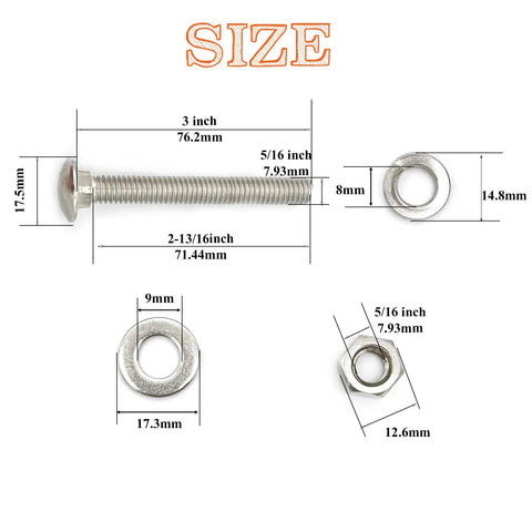 Built Like A Tank 5/16X3 Inch Carriage Bolts Square Neck Stainless Steel with dimensions for nuts and washers.