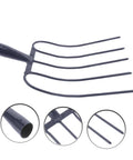 Handheld Manure Fork For Grass Cleanup And Lawn Maintenance, Multi Functional Iron Yard Tool, close-up view of prongs and handle.