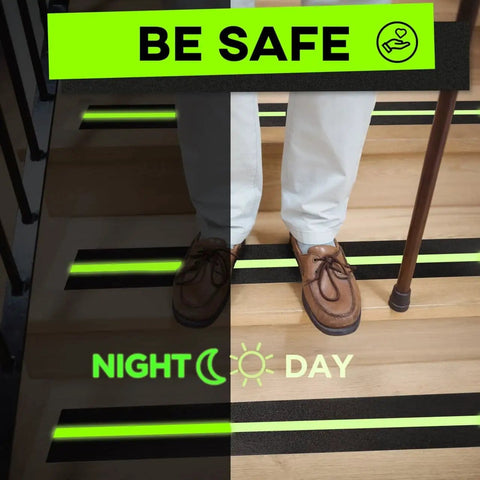 Person walking on stairs with heavy duty grip tape for stairs with glow in the dark strips waterproof anti slip non skid tape.