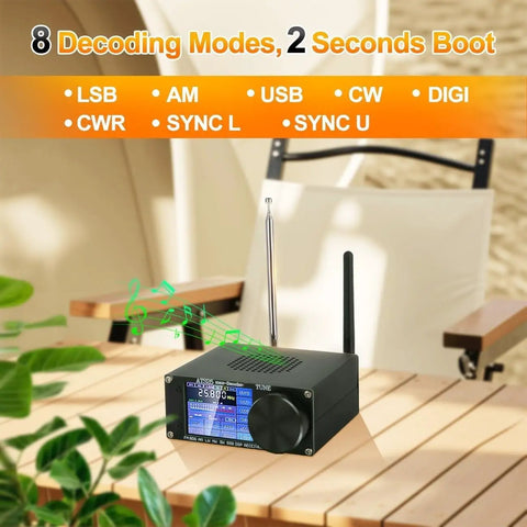 Portable SDR Radio Receiver With Si4732 All Band Shortwave 4.17 Update WiFi CW RTTY on wooden table outdoors
