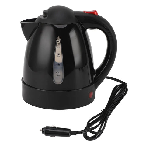 12V Car Water Heater Portable Electric Kettle With Auto Shut Off Safety Overheat Protection for coffee or tea, 1L volume, black plastic.