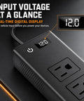Heavy Duty 400W Car Power Inverter 12V DC To 110V AC For Tesla And EVs Straight Plug In Accessory Adaptor digital display showing 12.0 volts