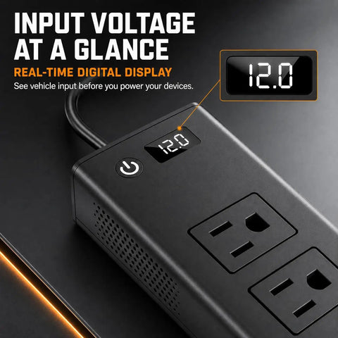 Heavy Duty 400W Car Power Inverter 12V DC To 110V AC For Tesla And EVs Straight Plug In Accessory Adaptor digital display showing 12.0 volts