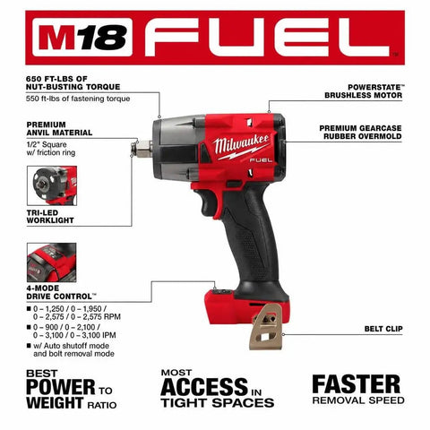 M18 Fuel Mid Torque Impact Wrench showing 1/2 inch size, featuring brushless motor and ergonomic design, ideal for tight spaces.