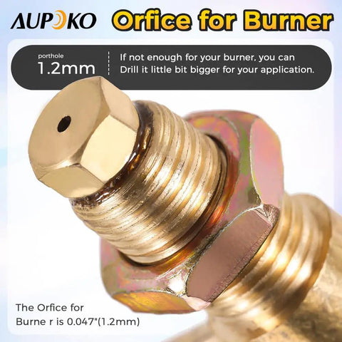 Close-up of a brass propane gas control valve with 3/8 inch male flare thread and M10x1 metric thread, 1.2mm orifice