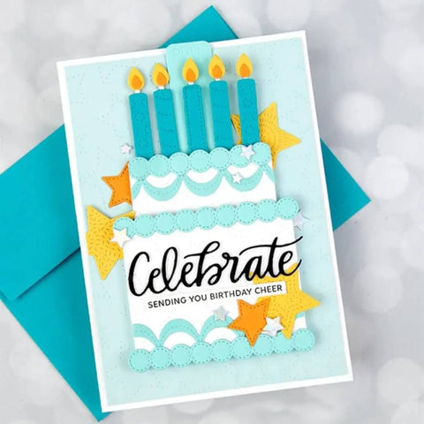 Birthday card with cake and candles design made using Happy Birthday Balloons Metal Die-Cuts For Scrapbookers And Card Makers, DIYers.