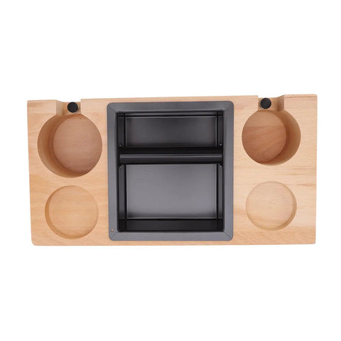 Premium Wood Espresso Tamper Holder Stand With Knock Box Built Damn Tough For Smoother Tamping Straight Fire, top view.