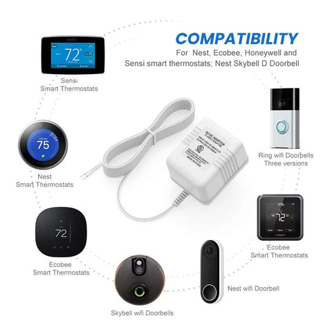 UL Certified 24V Thermostat C Wire Transformer with 26FT Power Cable, white adapter shown with compatible smart devices