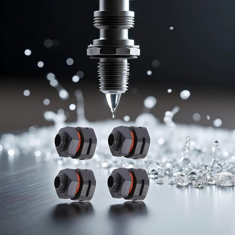 Rock Solid IP68 Waterproof Breather Screw M12x1.5 Air Vent Pressure Reducing Valve Dual Port Moisture Control For Electrical Cabinet Enclosures Keeps Things Snug And Dry Pack Of 4 Black with water droplets and a metal nozzle.