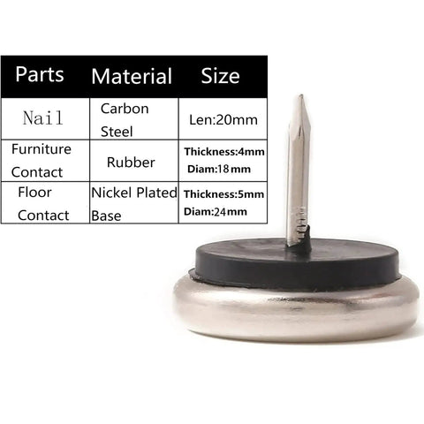 Close-up of Nail On Furniture Glides For Chairs And Tables, Cushioned Nickel Base, 1 Inch, Grey, with carbon steel nail and specifications chart.