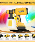 Cordless HVLP Paint Sprayer Compatible With Twenty Volt Batteries Brushless Motor Copper Nozzle Fast Rinse Design displayed with DEWALT 20V battery.