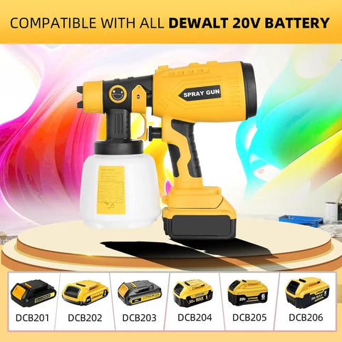 Cordless HVLP Paint Sprayer Compatible With Twenty Volt Batteries Brushless Motor Copper Nozzle Fast Rinse Design displayed with DEWALT 20V battery.