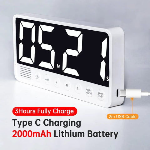 7.1 Inch Digital Kitchen Timer With Extra Large LED Display, Magnetic Back, USB-C charging cable connected, black