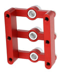Front view of a red 3-In-1 Doweling Jig With Hole Drill Guide And 90 Degree Positioner Locator Tool for woodworking projects.