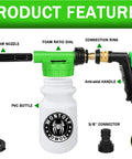 Foam Cannon Sprayer Car Wash Kit With Soap Microfiber Mitt Storage Bag And Snow Foam Blaster Connects To Garden Hose For Easy Pro Grade Auto Cleaning At Home, showing parts like ABS foam nozzle, handle, and connectors.
