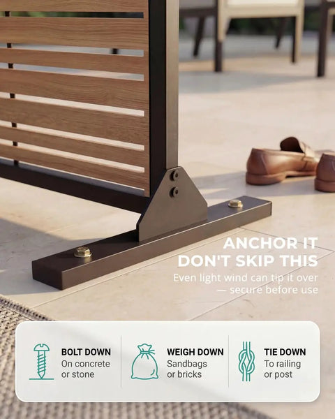 Anchor system for Sturdy 6Ft Outdoor Privacy Screen That Stays Put In Wind, Heavy-Duty 37Lb Freestanding Metal Panel With 16In Deep Base.