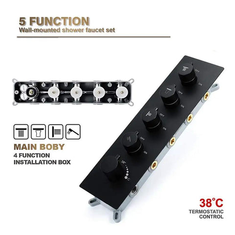 Easy Peasy Installation On This Wall Mounted Shower System Featuring High Pressure Rainfall Head And Sturdy Handheld Sprayer Paired With Slick Matte Black Fixtures For Instant Bathroom Glow Up. Five function black control panel for wall-mounted shower system.