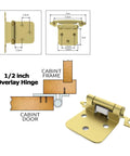 Diagram and measurements of brass gold half inch overlay cabinet hinges with self-closing flush mount for kitchen cabinets.