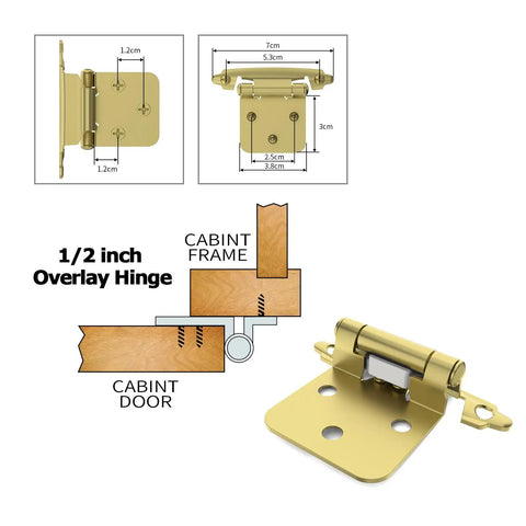 Heavy Duty 1/2 Inch Overlay Cabinet Hinges 50 Pack Self Closing With Nifty Rubber Buffer Pads Top Tier Brass Gold Hardware For Kitchen Cabinets Bathrooms And Furniture Fix Ups Smooth Glide Action Hassle Free Setup dimensions and design details.