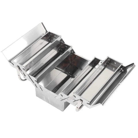 Built Tough Heavy Duty Stainless Steel Tool Chest With Three Layers And Five Deep Trays Portable Metal Toolbox featuring cantilever open with trays.
