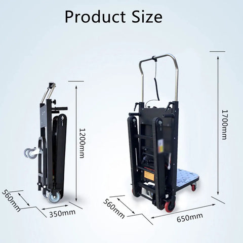 Hustle-Free Electric Stair Climbing Hand Truck With Powerful Motor And Five Robust Wheels For Easy Load Handling, size dimensions 1200mm x 650mm x 1700mm.