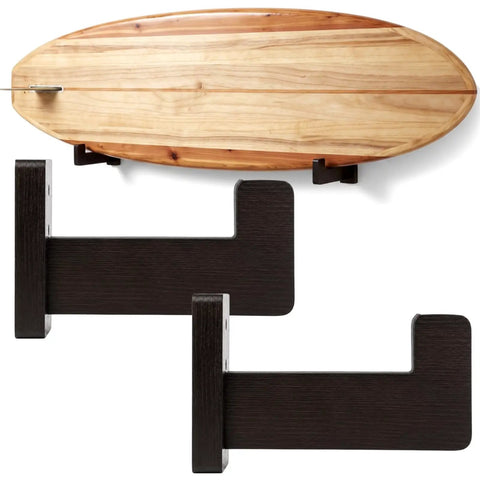 Premium Solid Pine Wood Wall Mount Surfboard Rack Hanging System For Indoors And Patios with V shape cradle holding a surfboard.