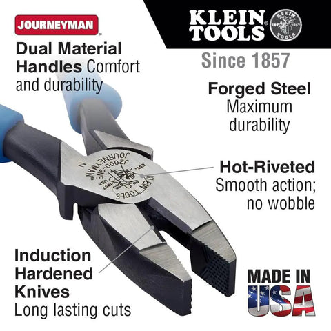 High-Leverage 9-Inch Side Cutter Lineman's Pliers With Color-Coded Handles, Made in USA, showing dual material handles