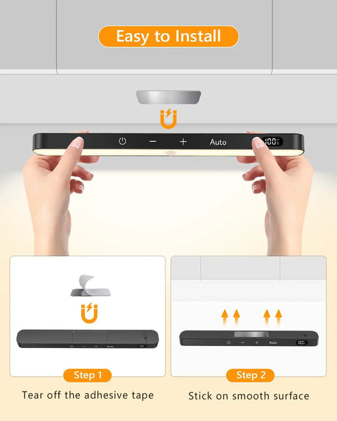 Installation of Rechargeable Motion Sensor Closet Lights With Battery Level Display, 60 LED, showing adhesive and magnetic mounting.