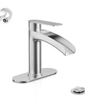 Brushed Nickel Single Handle Waterfall Bathroom Faucet With 6 Inch Deck Plate Metal Pop Up Drain And cUPC Water Supply Lines