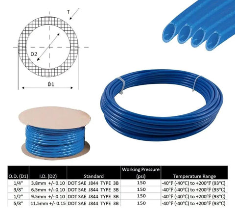 3/8 Inch SAE J844 Nylon Air Brake Tubing 100 Feet Blue DOT Approved Heavy Duty Pneumatic Air Line Hose on spool