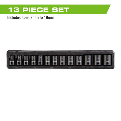 3 8 Inch Drive Shallow Impact Socket Set Metric Sizes 7mm To 19mm Cr V Steel 13 Piece Kit