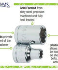 20-Piece Three Eighth Inch Drive Metric Shallow 6 Point Socket Set With SUPERTORQUE Lobular Openings For Maximum Turn, displayed with detailed features on chamfered ends and shallow hex depth.