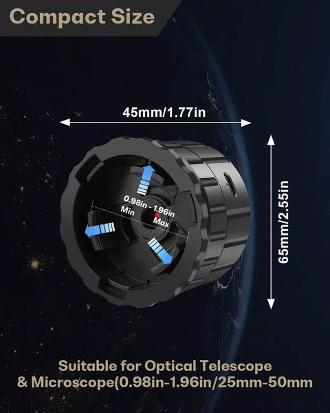 WiFi Eyepiece Camera For Telescopes And Microscopes, compact size, fits 25mm to 50mm eyepieces, dimensions shown