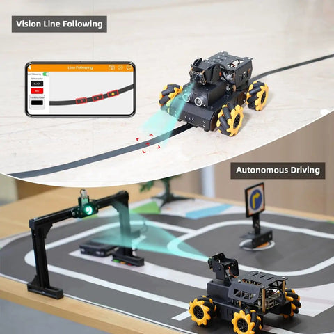 2DOF HD Camera AI Vision Robot Car With Mecanum Wheels demonstrating line following and autonomous driving on a track.