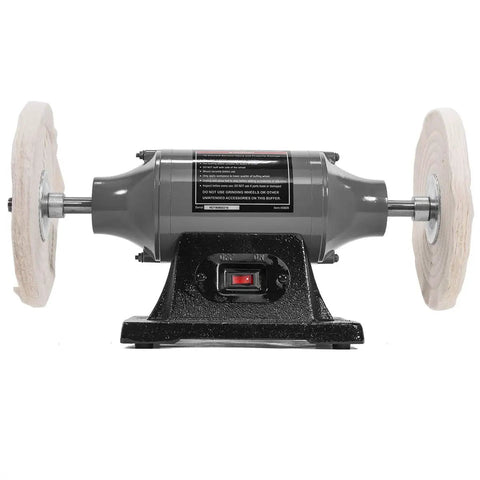 8 Inch Dual Buffer Benchtop Grinder Polisher with 0.75 HP Motor, 3450 RPM, sturdy cast iron base, front view with buffing wheels
