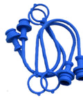 Four Pack Hydraulic Dust Plug Caps For Female ISO Pioneer Quick Connectors 1/2 Inch ID Agricultural Hoses Blue Molded With Tether, showing blue polymer dust covers.