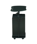 Front view of black adjustable laptop cart with storage rolling mobile workstation desk with cabinet shelf and locking wheels.