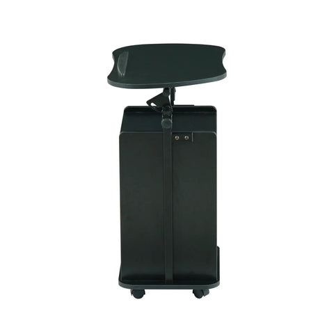 Front view of black adjustable laptop cart with storage rolling mobile workstation desk with cabinet shelf and locking wheels.