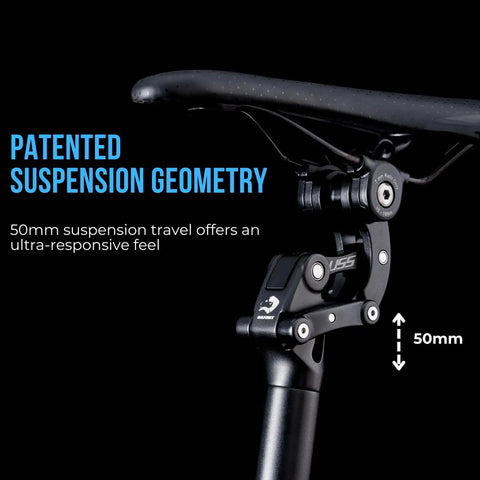 Close-up of patented suspension seatpost for e-bikes and heavy riders with four link parallelogram system, highlighting 50mm travel.