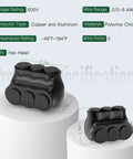 5 Pack 3 Port Insulated Multi Tap Wire Connectors Single Sided Entry For 2/0 To 6 AWG showing details and dimensions on white pedestal.