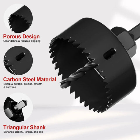 Close-up of Pro Grade 19-Piece Hole Saw Set With Sizes From 3/4 Inch To 6 Inch Carbon Steel Blades, showing design features.