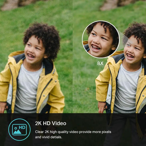 Image showing 2K HD video quality with zoomed-in detail of a child in a yellow jacket, highlighting video clarity and vividness.