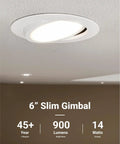 Canless 6 Inch Recessed LED Eyeball Gimbal Lights angled in ceiling close-up, showing slim design and labeled features.