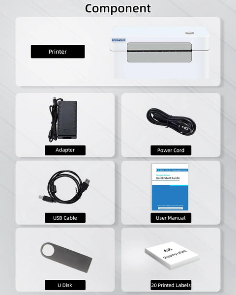 Bluetooth 4x6 Thermal Shipping Label Printer Workhorse For Small Business components including adapter, power cord, USB cable, and more.